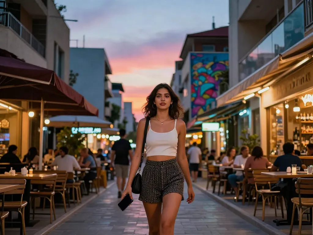Engaging urban nightlife scene with stylish woman exploring vibrant streets, highlighting the excitement of נערות ליווי בחיפה.