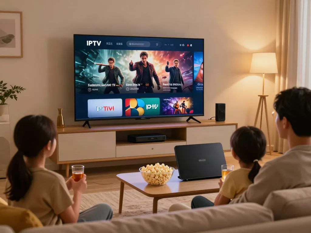 Family enjoying a movie night with abbonamento iptv on a large screen TV in a cozy living room.