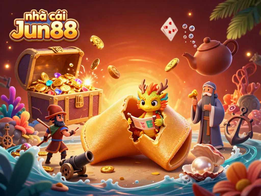 Engage in thrilling games with nhà cái Jun88, featuring a dynamic casino scene with a golden fortune cookie and treasure.