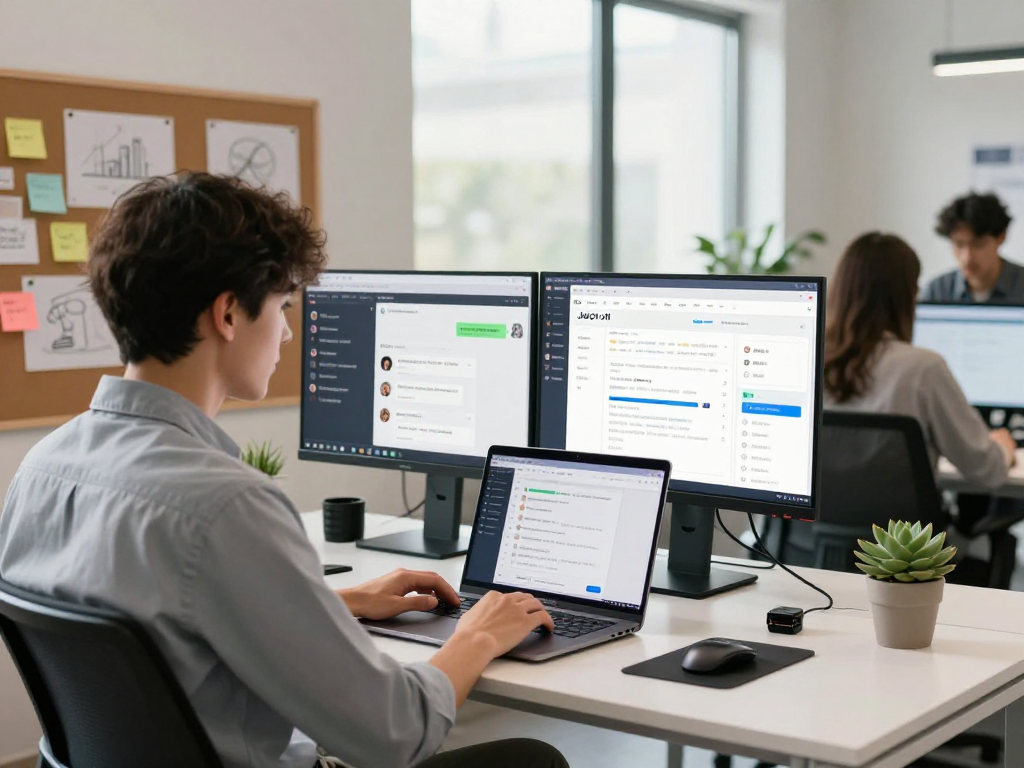 Youthful professional engaging with Juicy ai in a vibrant tech workspace illustrating modern digital communication.