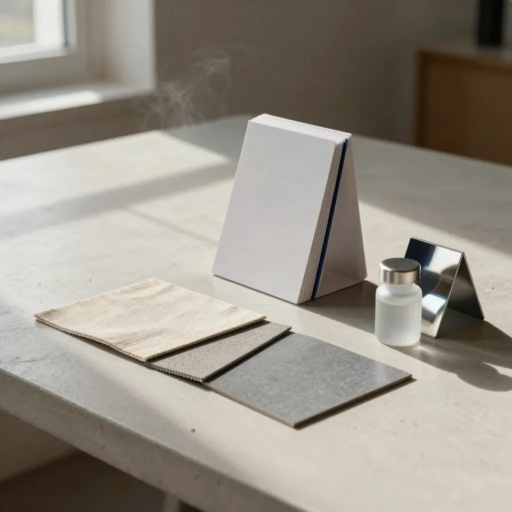 Kit di validazione startup su tavolo in cemento, con carte campione, swatch e vial sigillata.