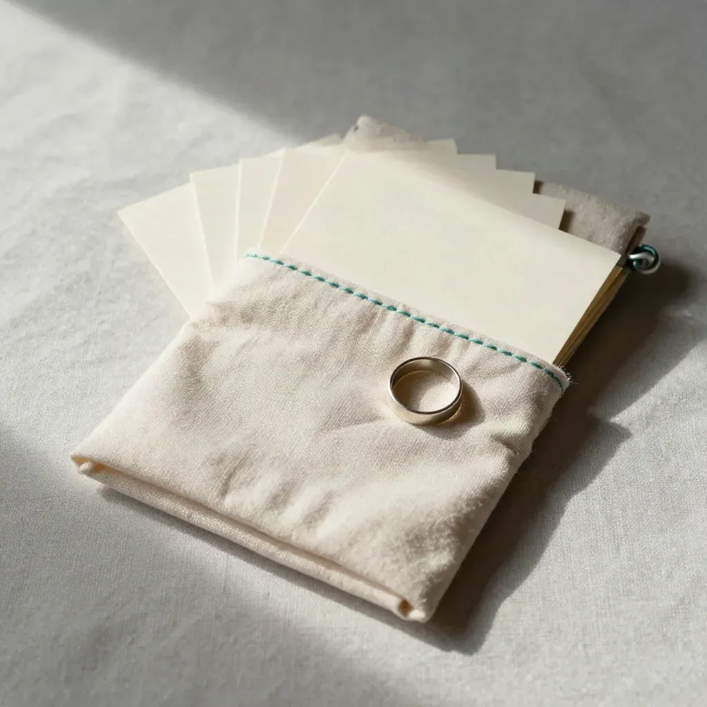 Flat lay del kit Naming per Startup su lino avorio, con pouch, card e dettagli turchesi.
