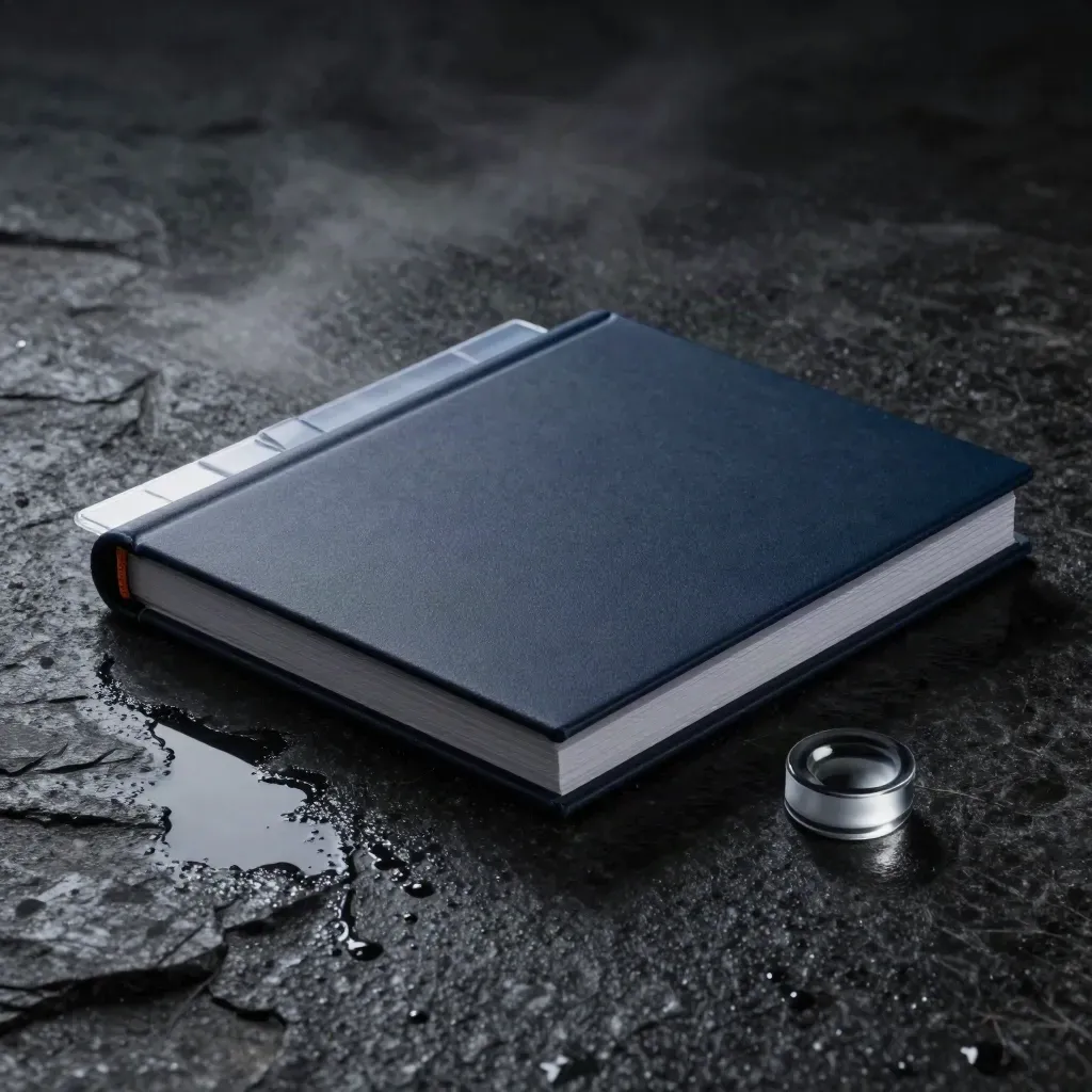 Case per pitch deck su basalto bagnato, con divisori traslucidi e luce drammatica.