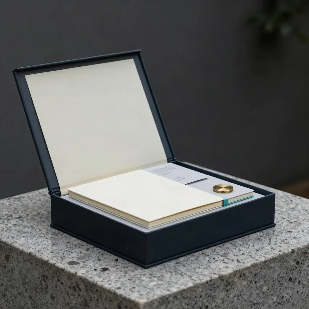 Box launch startup aperto con inserti, taccuino, sleeve roadmap e gettone in ottone su pietra.