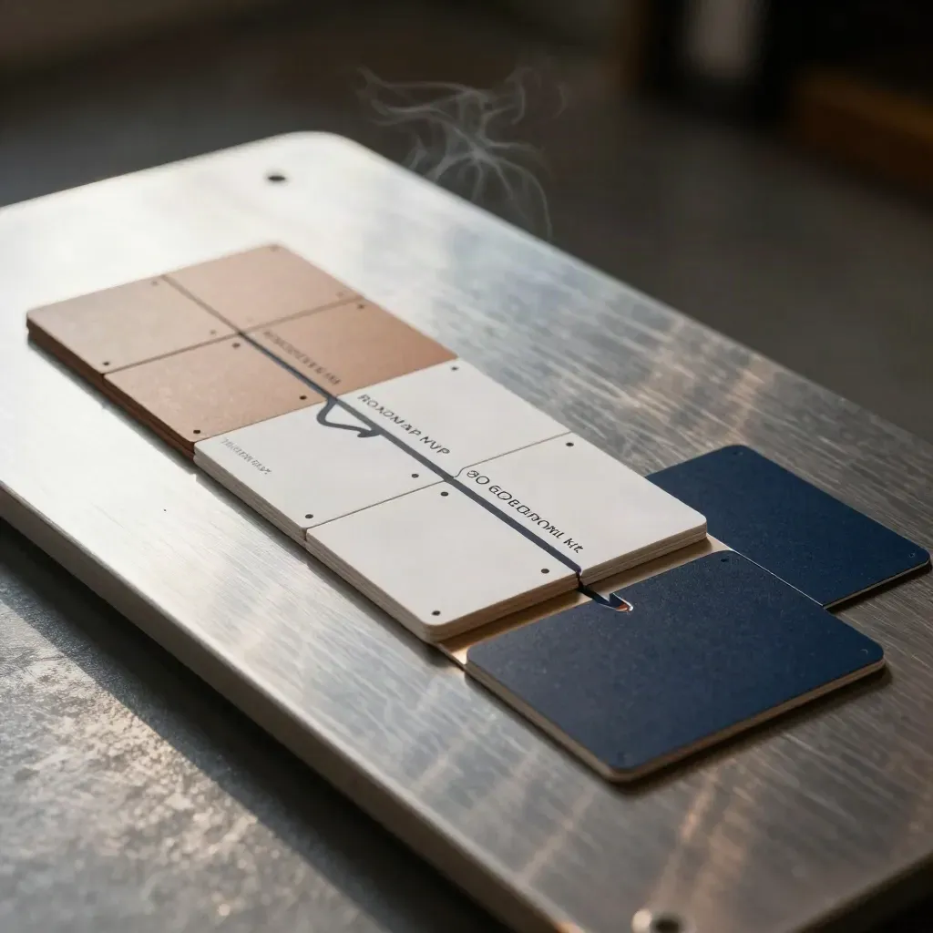 Kit roadmap MVP su superficie metallica, con tessere modulari e due card sottili