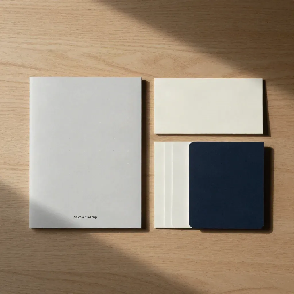 Kit Brand Startup su legno chiaro, con copertina soft-touch e card bianche ordinate dall’alto.