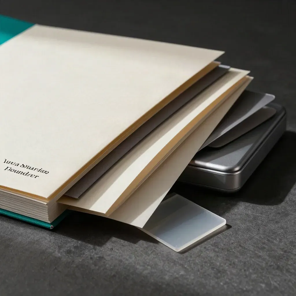 Fascicolo turchese con moduli startup, case sovrapposti e schede prototipo su tavolo scuro.