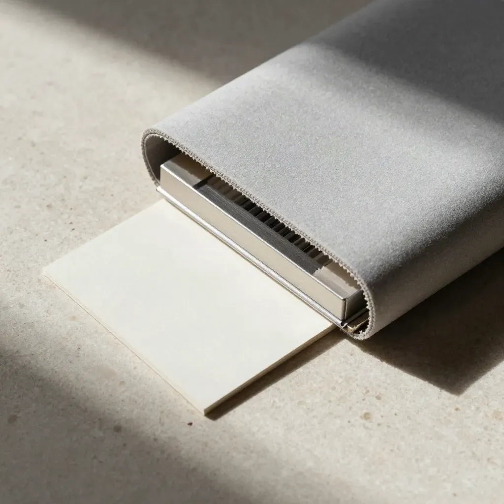 Kit audit go-to-market in macro su pietra travertino, sleeve segmentata e carte neutre.