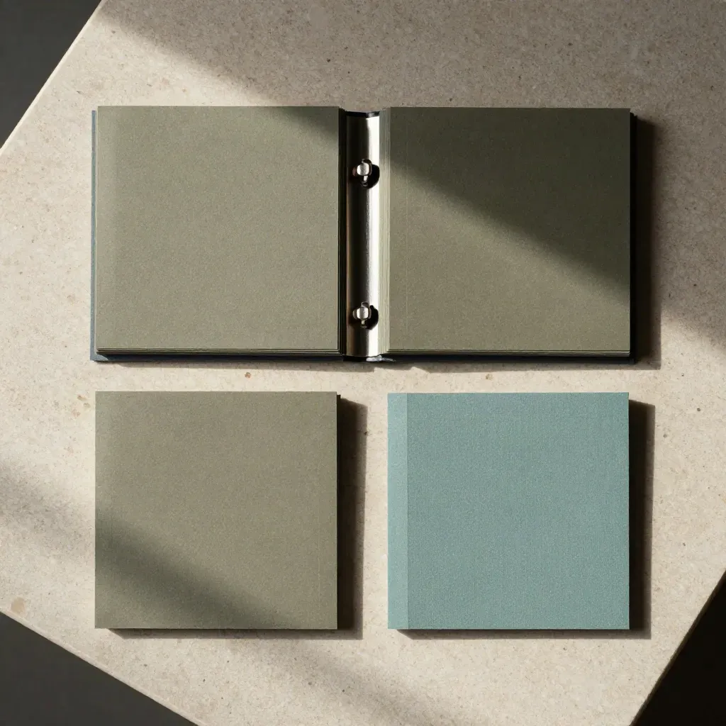 Flatlay con due pile di profili, carte scenario e campione tessile su pietra chiara.