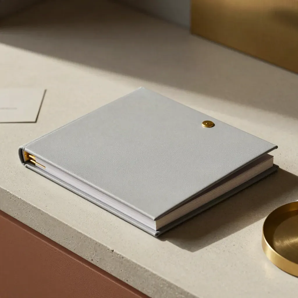 Binder roadmap fundraising aperto in diagonale su cemento chiaro con dettagli in ottone.