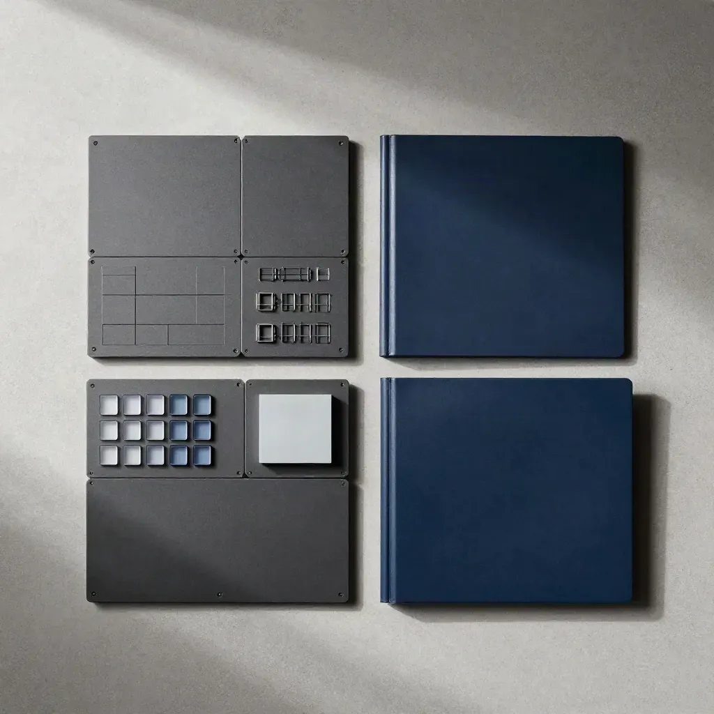 Flatlay dall’alto con case, moduli, chip campione e due raccoglitori slim su cemento grigio.