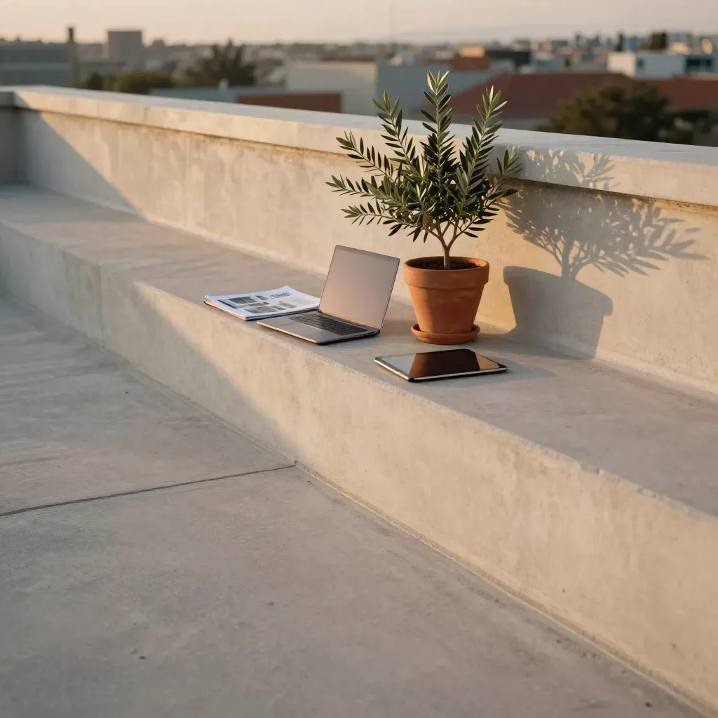 Terrazza sul tetto al tramonto con laptop e pitch deck, ulivi in vaso e città sullo sfondo.