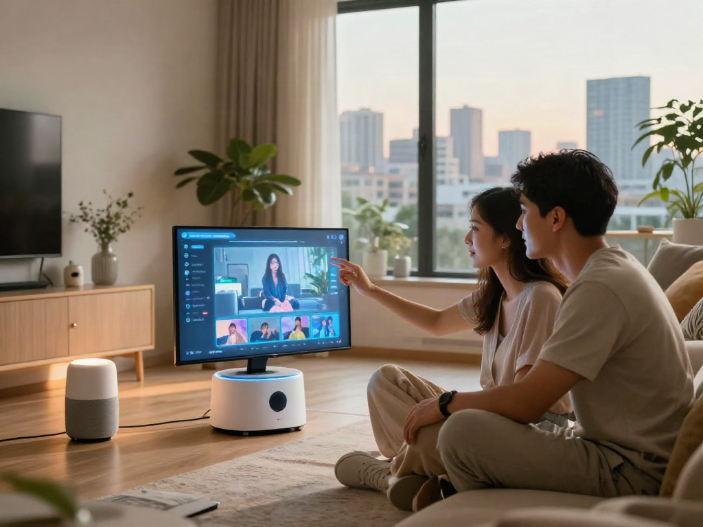 Couple interacting with their AI gf in a modern apartment setting