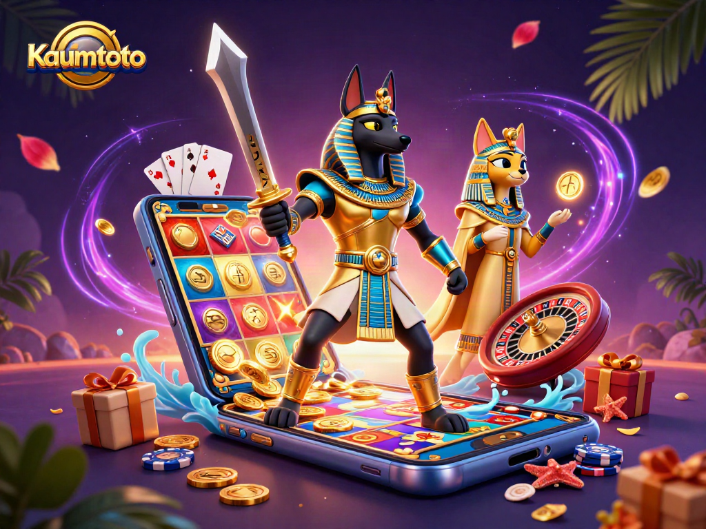Engage with Kaumtoto's vibrant slot adventure featuring Anubis and Bastet amidst casino elements.