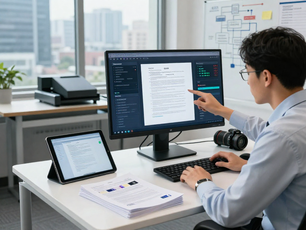 Document fraud detection analysis in a modern office, showcasing a specialist using technology to verify documents