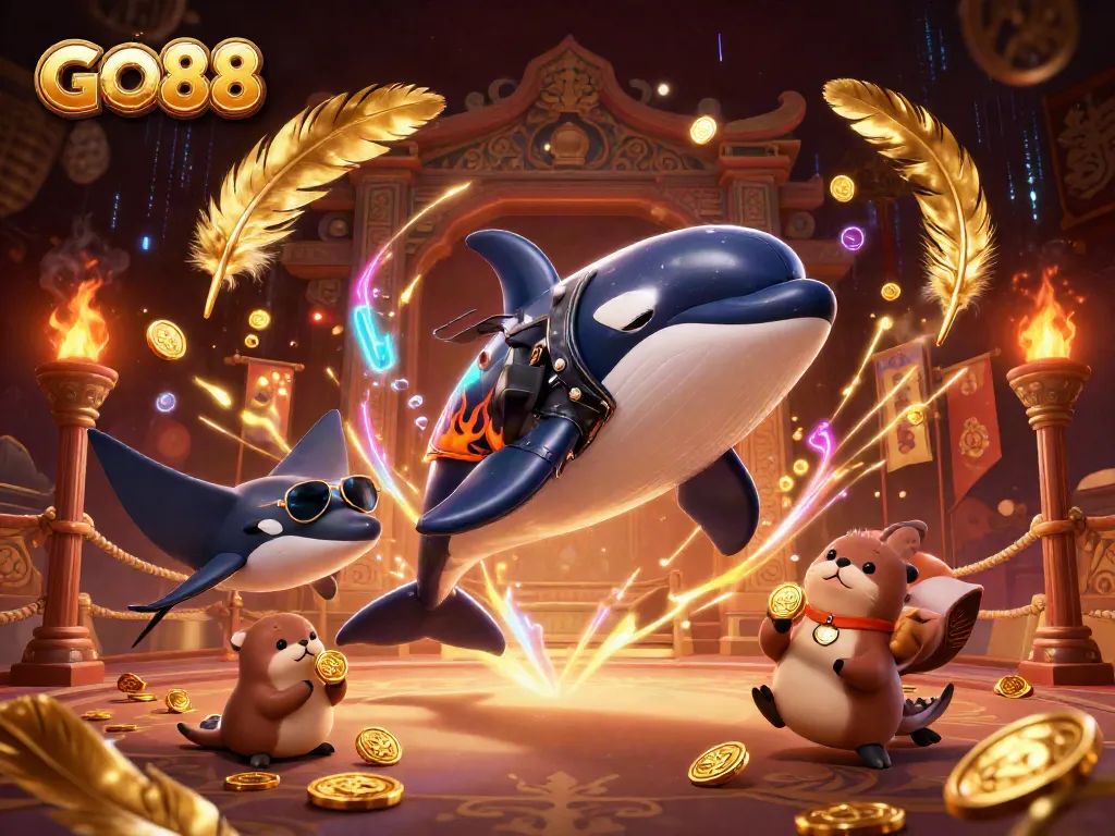 Engage with the thrilling world of GO88 through a vibrant casino scene filled with excitement and winning potential.